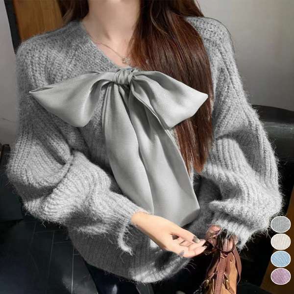 送料無料 大人可愛い Vネックニットトップスきれいめ 前後2WAYリボン結びニット ゆったりローゲージニット おしゃれ柔らかニット フェミニンニット春 リボン付きセーター 上品甘めニット秋冬