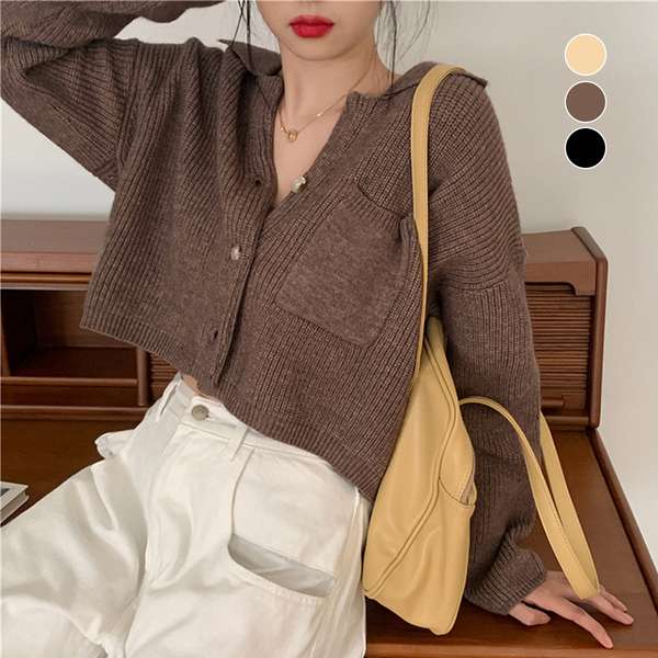 送料無料 レディース 韓国風 ニットトップス アウター 開襟セーター 襟付き ポケット付き ボタン開閉 セクシー 無地 カジュアル 長袖リブニット 韓国ファッション 春秋セーター