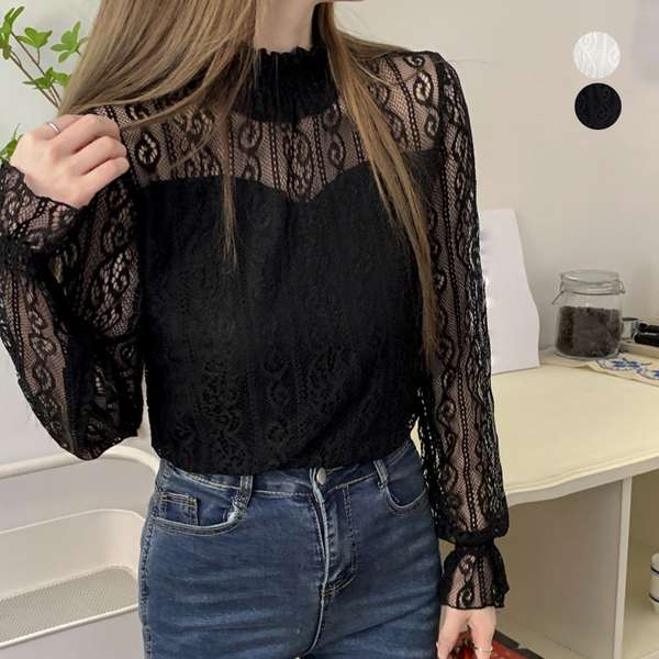送料無料 フリル シアートップス レディース 裏地付き レイヤードブラウス きれいめ 透けインナー 肌隠し 花柄トップス オシャレ 長袖 レースシャツ 透け感 ブラウス セクシートップス