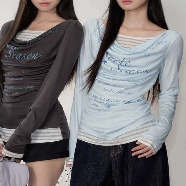 【クーポン利用で1,969円】送料無料 レディースカウルネックロンT重ね着風 細身Tシャツ長袖 シアーロングtシャツ薄手プルオーバー韓国風レタリングT Y2K風 着やせロンt細見え 英字ロゴトップス夏 ストリートおしゃれ