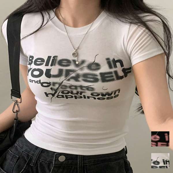 【P3倍】送料無料 大人カジュアル英字プリントトップス クルーネックタイトtシャツ ストリート系女子甘辛ミックス春夏服 コンパクトカットソー Y2KカジュアルT インスタイルシャツ 細見え 華奢見え shopload-10038945 shopload パッケージ画像