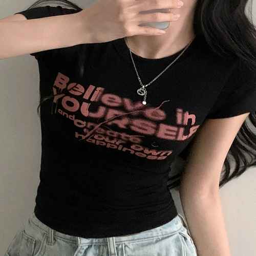 【P3倍】送料無料 大人カジュアル英字プリントトップス クルーネックタイトtシャツ ストリート系女子甘辛ミックス春夏服 コンパクトカットソー Y2KカジュアルT インスタイルシャツ 細見え 華奢見え shopload-10038945 shopload サンプル画像3
