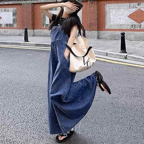 【5日23時日までP10倍】送料無料 マキシ丈ジャンパースカート デニムサスペンダーワンピーススリット 着やせロングスカート レイヤードデニムワンピース韓国風 体型カバーゆったり オールインワン四季 デニムサスペンダー