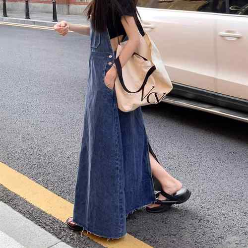 【5日23時日までP10倍】送料無料 マキシ丈ジャンパースカート デニムサスペンダーワンピーススリット 着やせロングスカート レイヤードデニムワンピース韓国風 体型カバーゆったり オールインワン四季 デニムサスペンダー