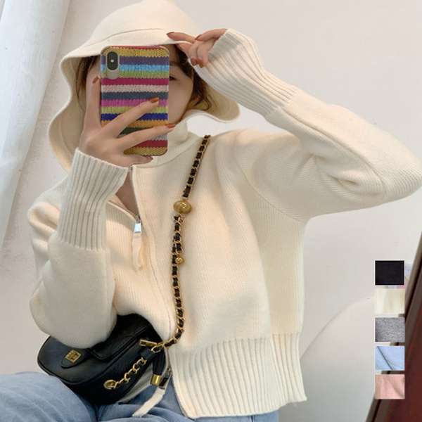 送料無料 2WAYショート丈ニットトップス フード付き 前開き長袖ZIPニットセーター あったか中厚手ニット 通勤通学ニットウェア ニット羽織り春秋冬 着やせニット可愛い オフィスカジュアル