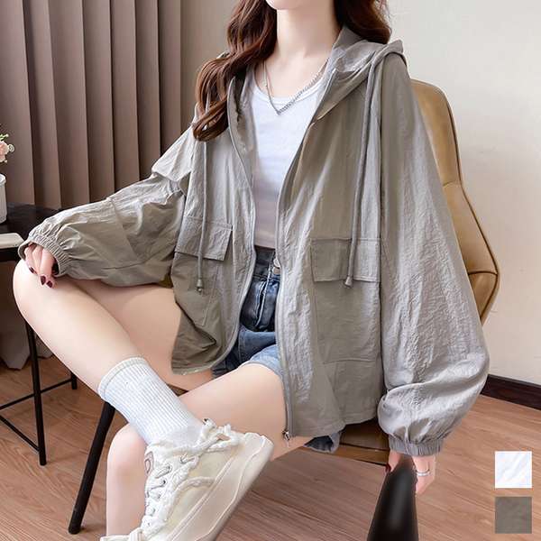 送料無料 韓国ジップパーカー 長袖 サマーカーディガン おしゃれ フード付き ライトブルゾン 夏トップス 透け感 カジュアル羽織り シアーカーディガン アウター夏UVケア ライトアウター春秋