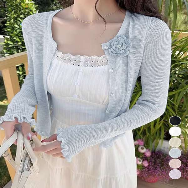 送料無料 フリルボレロ レディース ショートサマーニットトップス きれいめ 長袖羽織り 大人可愛いシアーカーディガン 冷房対策上着 UVケア羽織り清楚 涼しい夏服 透け感 日焼け防止ボレロ夏