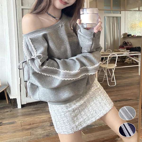 送料無料 大人可愛いスウェット レディース 韓国風 おしゃれトレーナー無地 萌え袖ガーリートップス カジュアルきれいめ秋冬服抜け感 体型カバートップス 肩だしプルオーバー ゆったりストリート