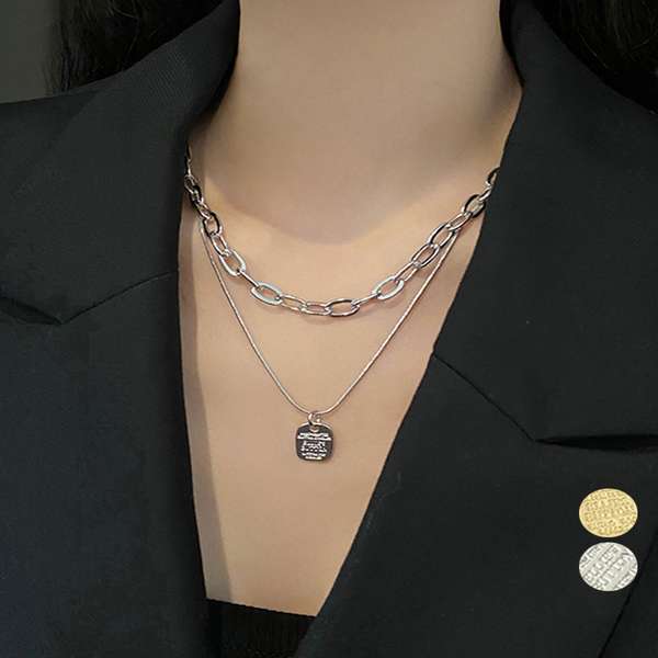 送料無料 2連ネックレス レディース 韓国アクセサリー オフィスカジュアル 文字モチーフ風ペンダント プチプラアクセサリー お洒落 首飾り大人きれいめ 誕生日プ...