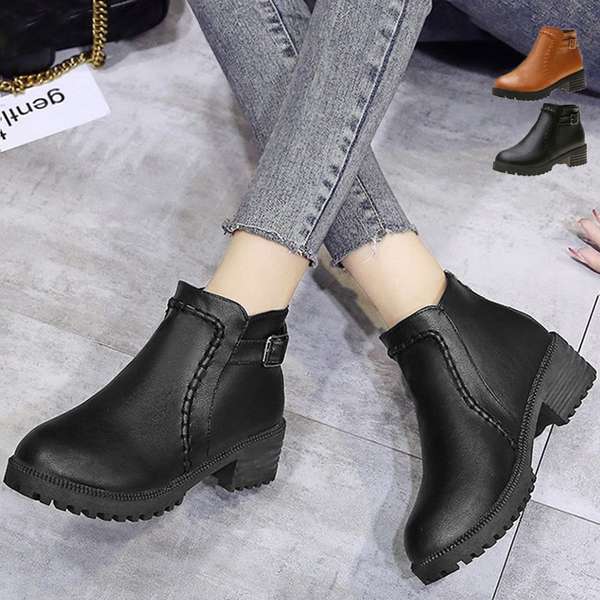 送料無料 レトロ PUレザー バックルブーツ 履きやすい シューズ カジュアル バックジップブーツ 歩きやすい 通勤秋冬靴おしゃれ ワークブーツ 韓国 ローヒー...