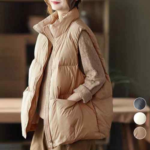 フェイクダウンベスト レディース 韓国風軽い暖かいベスト 軽量防寒中綿ベスト 袖なしダウンコートのサムネイル