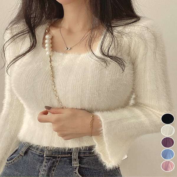 送料無料 レディース ふわふわニットプルオーバー フレア袖 ニットセーター スクエアネック 大人可愛い 無地 柔らかいニット 秋冬 きれいめニット長袖 ショート丈トップス モヘア調ニット起毛