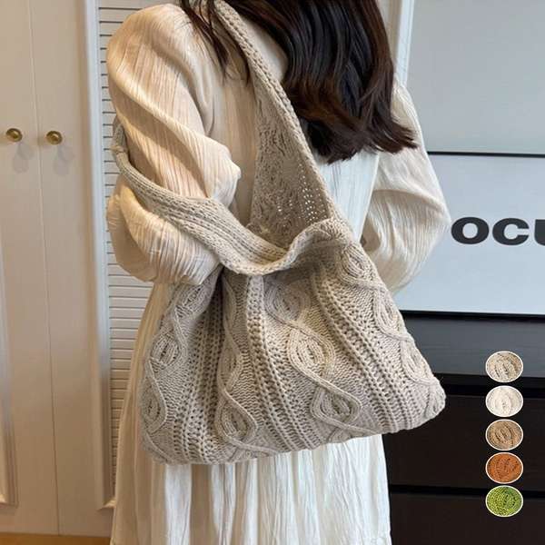 送料無料 ワンショルダーバッグA4 レディース 肩掛けカバン大きめ 軽量バッグ オシャレカバン サブバッグ 折りたたみ エコバッグ 流行りニットトート 編みバッグ通勤通学 手提げハンドバッグ