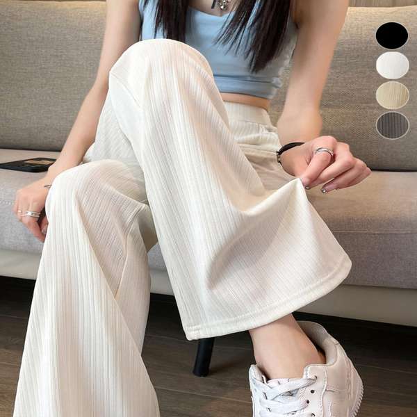 送料無料 リブカットソーパンツ 韓国風 ゆったり 涼しげ サラリ美脚パンツ 着やせ 薄手パンツ 快適楽チン 長ズボン ウエストゴム ハイウエストパンツ ストレッチ ズボン 細見えパンツ 脚長