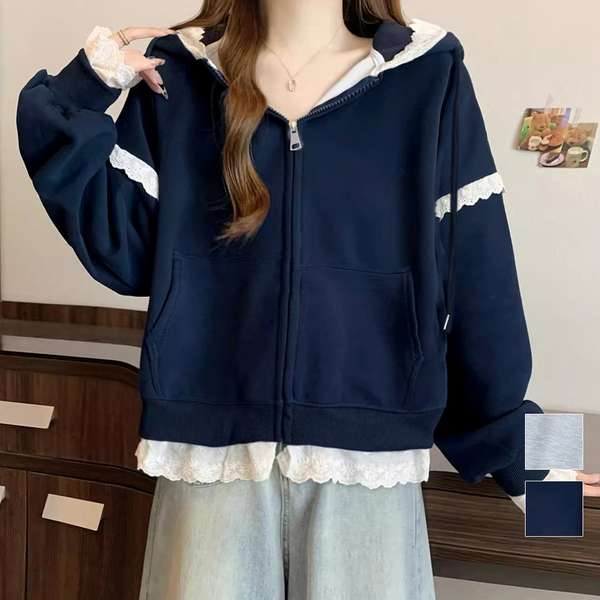 送料無料ジップアップパーカー裾レー...