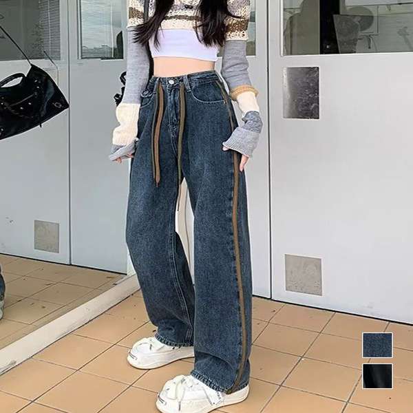 送料無料 レディース デニムセミワイドパンツ ロングパンツ ストレートパンツ カジュアル ズボン 韓国風 ジーンズ ボトムス 脚長ジーパン着やせ 体型カバージーンズ 大人美脚オルチャン