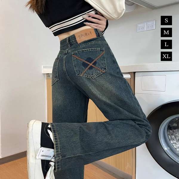 送料無料 レトロ風ジーンズ ハイウエスト ウォッシュデニム 美脚脚長 セミワイドパンツ フルレングス 着やせジーパン 体型カバー カジュアルジーンズ ユーズド加工デニム 体型カバー ズボン