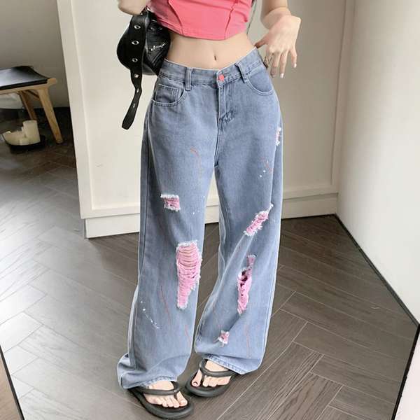 送料無料 ハイウエスト ストレートデニム 韓国風 体型カバー カジュアルズボン ジーンズ 美脚脚長 ワイドパンツ 着やせ ゆったり ストレートパンツ夏 ストリート お洒落 クラッシュジーンズ