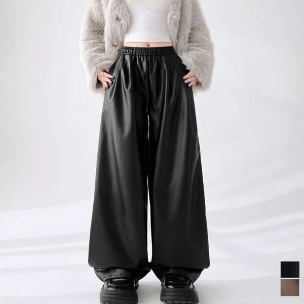 送料無料 レディース エコレザーパンツ着やせ ウエストゴム合皮パンツ ポケット付きイージーパンツおしゃれ 美脚脚長ストレートパンツ 長ズボン ゆったり 韓国ファッション秋 体型カバー 細見え