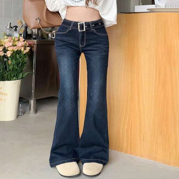 【21日23時まで3,347円】送料無料 ベルト付き デニムスキニー 韓国風 フィット感 着やせ脚長 カジュアル レトロ ロングパンツ 細身 ブーツカットデニム ヴィンテージデニム ベルボトムジーンズ カジュアルジーパン