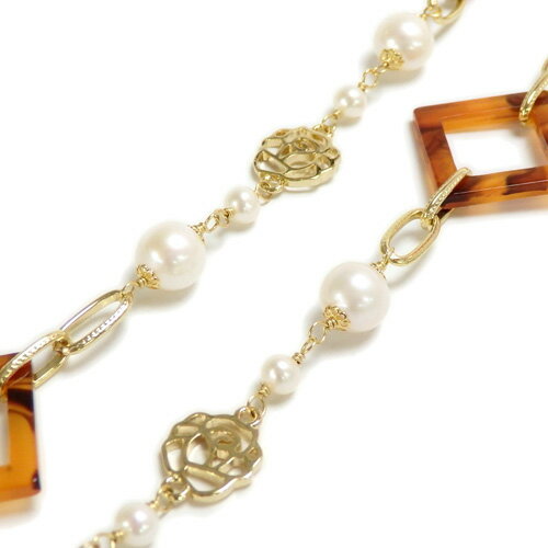 ロングネックレス べっ甲調アクリルパーツ 淡水パール マーベラス バラモチーフ 淡水真珠 パール 母の日 ギフトに プレゼントに