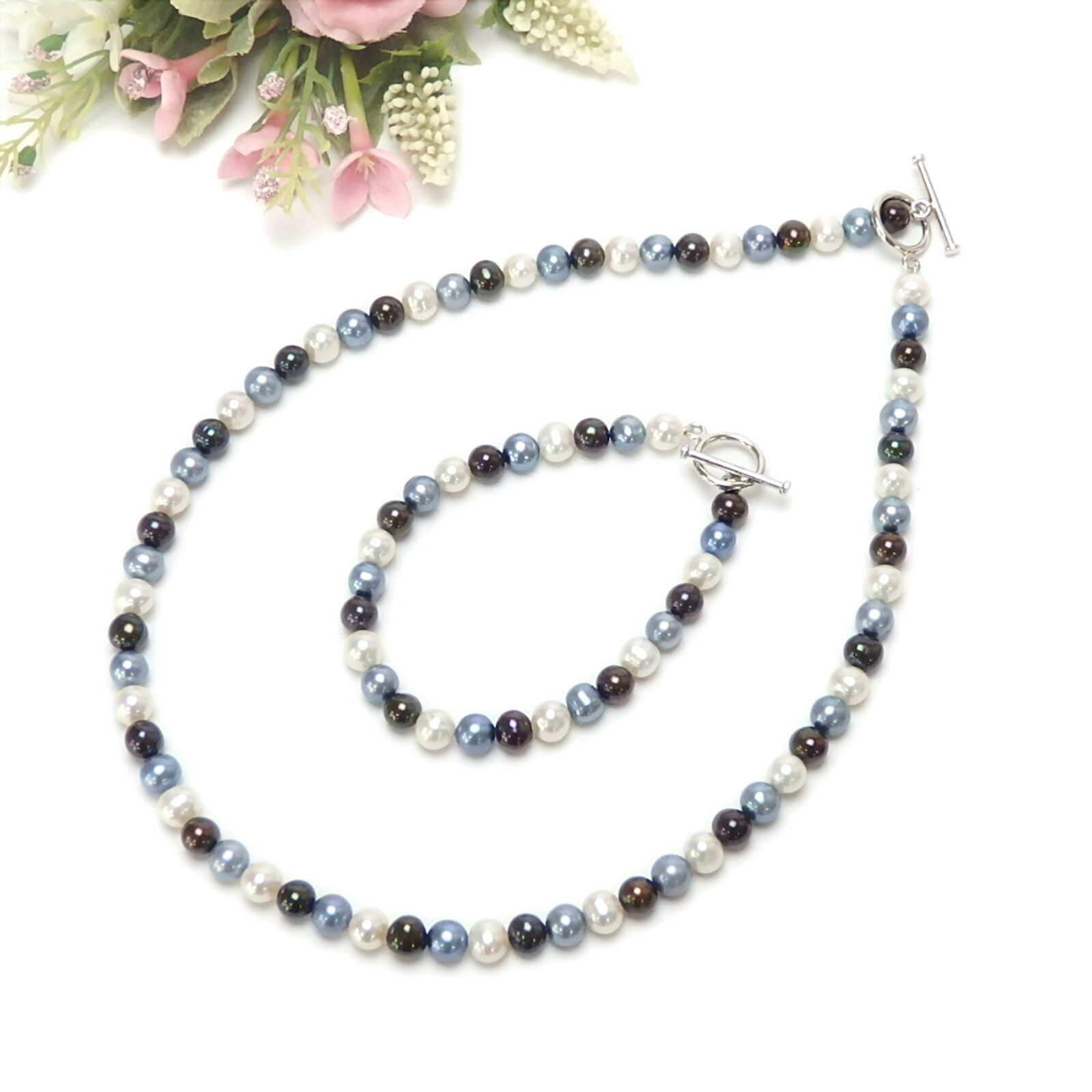 ネックレス ＆ ブレスレット 淡水パール マルチカラー マンテル シルバー金具 淡水真珠 真珠 バレンタイン ギフトに プレゼントに