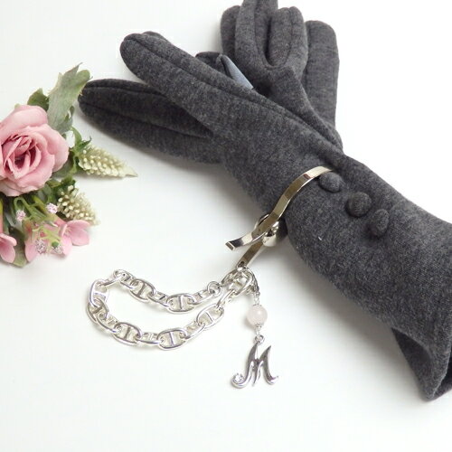 グローブホルダー アンカーチェーン 大 アルファベット ＆ 天然石 パール マリンチェーン 手袋ホルダー 手袋クリップ イニシャル ローマ字 英文字 2