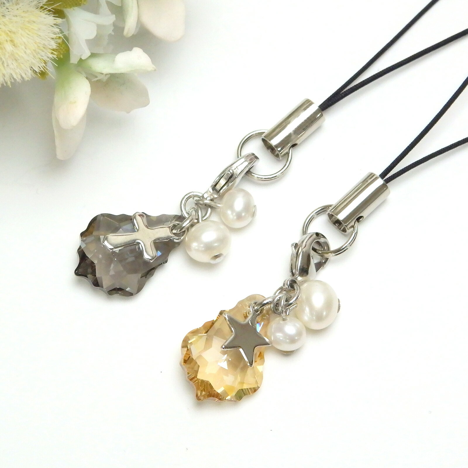 ストラップ スワロフスキー 淡水パール クロス スター 星 十字架 ストラップ 父の日 ギフトに プレゼントに