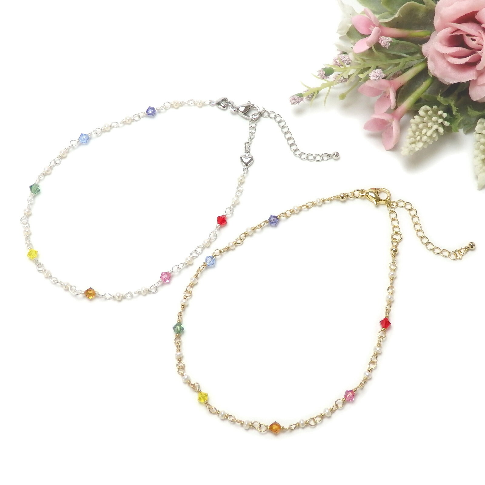 メール便 アンクレット 厄除け 開運 七色 7色 スワロフスキー パール 淡水パール 真珠 淡水真珠 おしゃれ かわいい 母の日 ギフトに プレゼントに