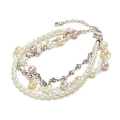Pearl - ブレスレット 3連 淡水真珠 シルバーチェーン 三連 淡水パール 腕輪 アクセサリー ホワイトデー ギフトに プレゼントに