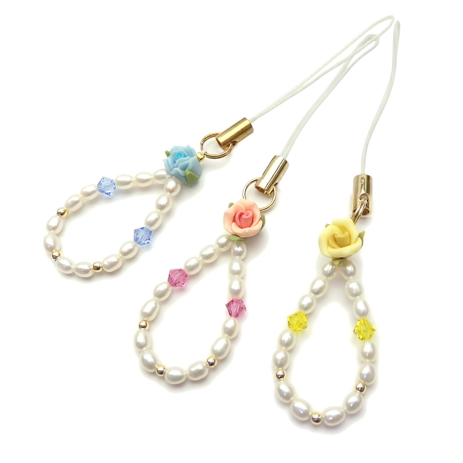 メール便 ストラップ バラ ローズ パール 携帯ストラップ 真珠 フィモ スワロフスキー 薔薇 淡水パール ブルー 父の日 ギフトに プレゼントに