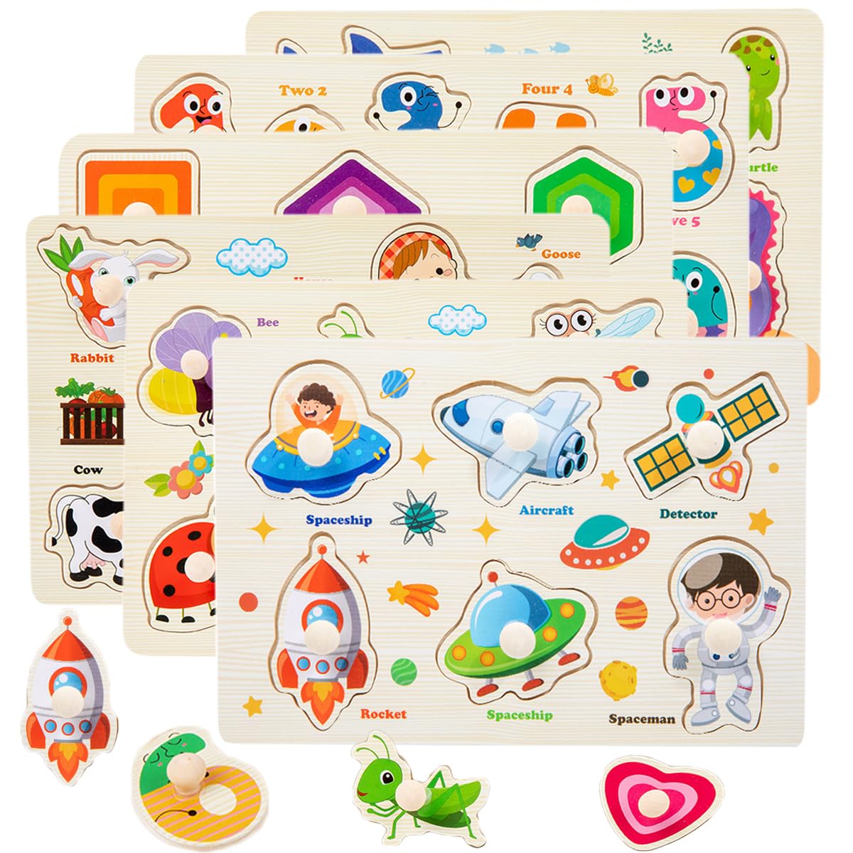 木製パズル 6種類シリーズ 型はめパズル モンテッソーリ 知育玩具 指先あそび 数字・形・図形認識 英語認知 色彩感覚 男の子 女の子おもちゃ 誕生日 クリスマス プレゼント (A-果物) 木製パズル (A-果物) 【モンテッソーリ玩具・遊べながら学ぶ】子供用の知育木製パズルで子供に形状を認識、図形を識別するため、数字・形・動物・野菜・果物・乗り物の6種類が用意されています。色んな組み合わせで遊びながらものの認識もでき、遊べながら学べます。【指先知育・脳の発達を促す】手は第二の脳ト呼ばれ、指先をよく動かすことで、脳の発達に良い影響を与えます。パズルはつまみ（取っ手）がついているので、小さなお子様でもラクラクつかんで遊べます。【開発の知育玩具】パズルは6種類あるので、数字認知、形状認知、図形認識、色彩感覚など、遊びながらさまざまな役割を果たすことができます。 各図形には英語も併記されているので、英語で啓発され、図形と合わせて理解を深めることができます。【手と目の協調を刺激する】協応運動とは、目で見たものに対して、正確に手や指を動かせることです。パズルの土台にも図形があり、子どもたちはその図形を合わせることで、無意識のうちに手と目の協調運動を鍛えます。【想像力・集中力を養う】カラフルなおもちゃにワクワクしながら引き込まれる、子どもの創造性・想像能力もどんどん広げてくれます。小さなお子様でも使いやすいおもちゃですので、パズル遊びに夢中になり、知らず知らずのうちに集中力を身に着けます。 5