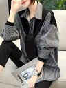 ブラウス ストライプ レディース 長袖 春秋向け オフィス ストライプシャツ お洒落 ゆったり ボウタイ 重ね着風 ポケット 配色 オフィス ファッション 縞柄 黒(4)