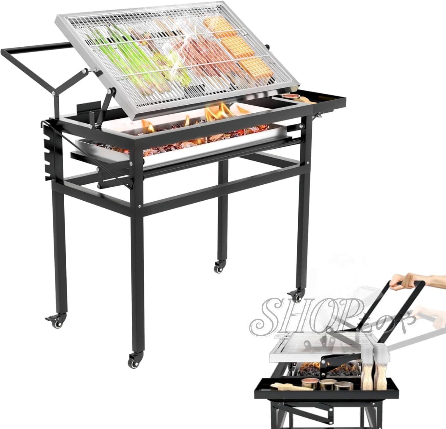 Rakuten - バーベキューコンロ bbq 焚き火台 大型 10人用 火力調節可能 360度回転可能な調理グリッド、取り外し可能なトレイ、調節可能なスチールラックを備えたポータブル卓上炭火焼きグリル