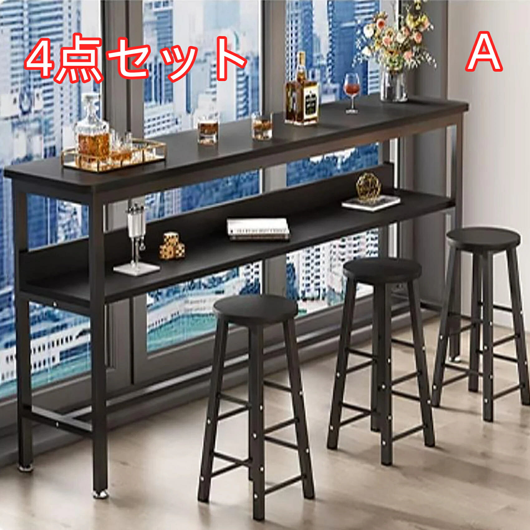 カウンターテーブルセット カウンターテーブルバーカウンター カウンターテーブル＆スツール 4点セット おしゃれ 木製 ダイニングテーブル 拡張デスクトップ落下防止バッフル 簡単な組み立て 家庭用、ミルクティーショ