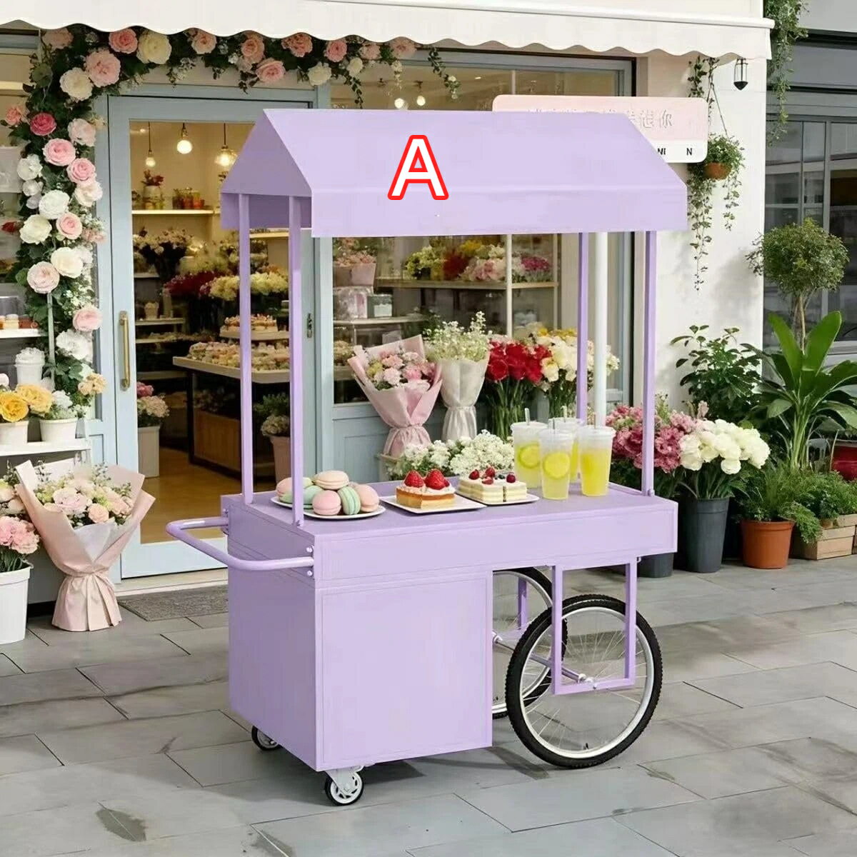 Rakuten - 『ポイント6倍！5月限定!』屋台ブース キッチンカート キャスター/ストッパー/テント付き 屋台車 屋台セット キッチンワゴン 収納カート 陳列台 販売台 移動便利 開業/露店/夜市/販促イベント/テイクアウト/出店/移動販売など適用 可愛い移動手押し台車（手すりを含む）