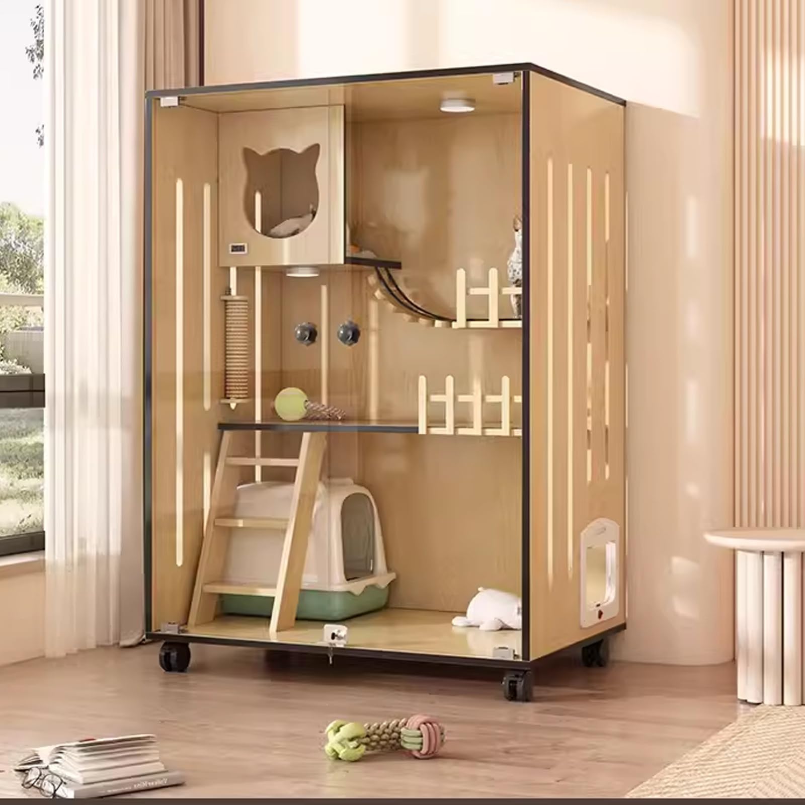 猫 ケージ、猫用ケージ、猫 ケージ 大型、木製多機能キャットハウス、猫用コンドミニアム、キャスター付き、木製、透明ドア 、ペット展示ケース大型、キャットケージ、屋外および屋内猫用