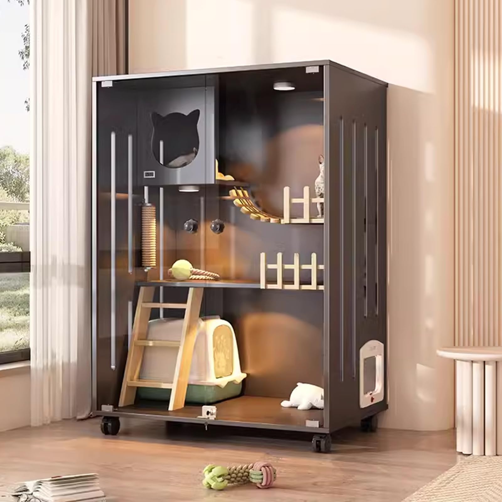 猫 ケージ、猫用ケージ、猫 ケージ 大型、木製多機能キャットハウス、猫用コンドミニアム、キャスター付き、木製、透明ドア 、ペット展示ケース大型、キャットケージ、屋外および屋内猫用 (ダークグレー)