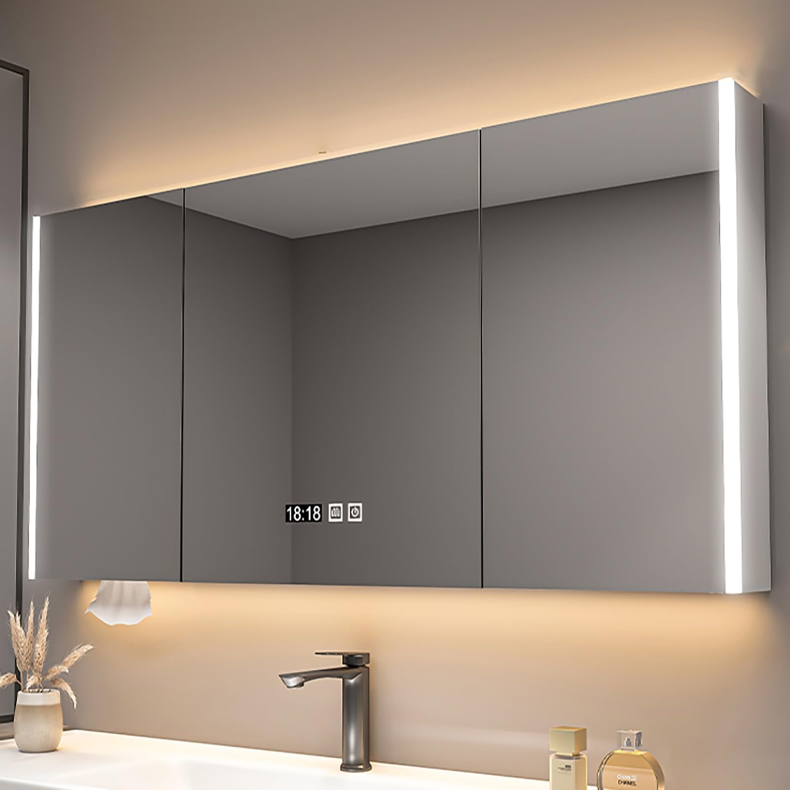 洗面 化粧台LEDライト付き 洗面所鏡 ミラーキャビネット 浴室お風呂 鏡スマート調光機能付き,ミラーキ..