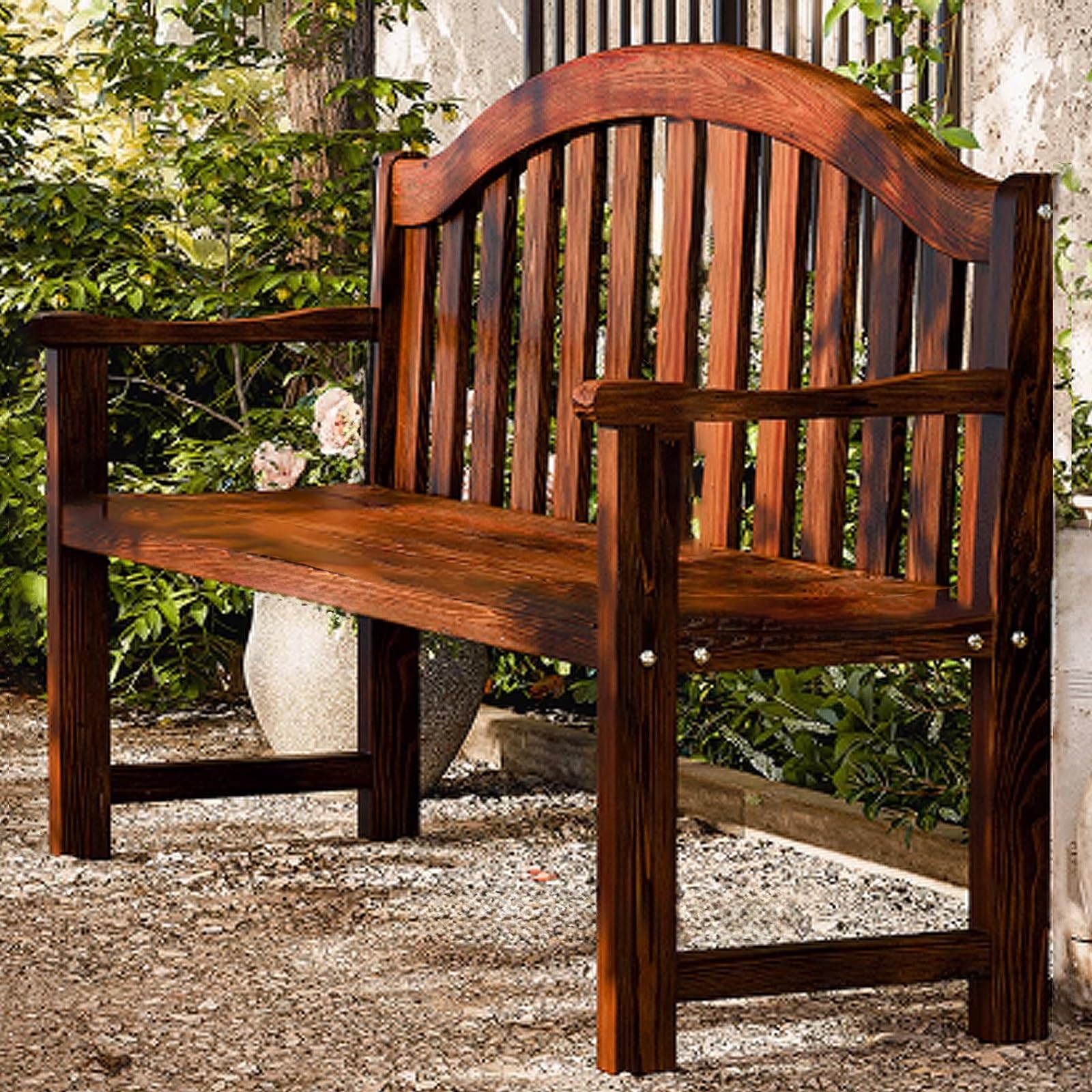 ブラウン アウトドア ベンチチェア ベンチ 屋外 防水 縁台 屋外 ガーデンチェア ベンチ椅子 木製 背もたれと肘掛け付き、裏庭、サンルーム用