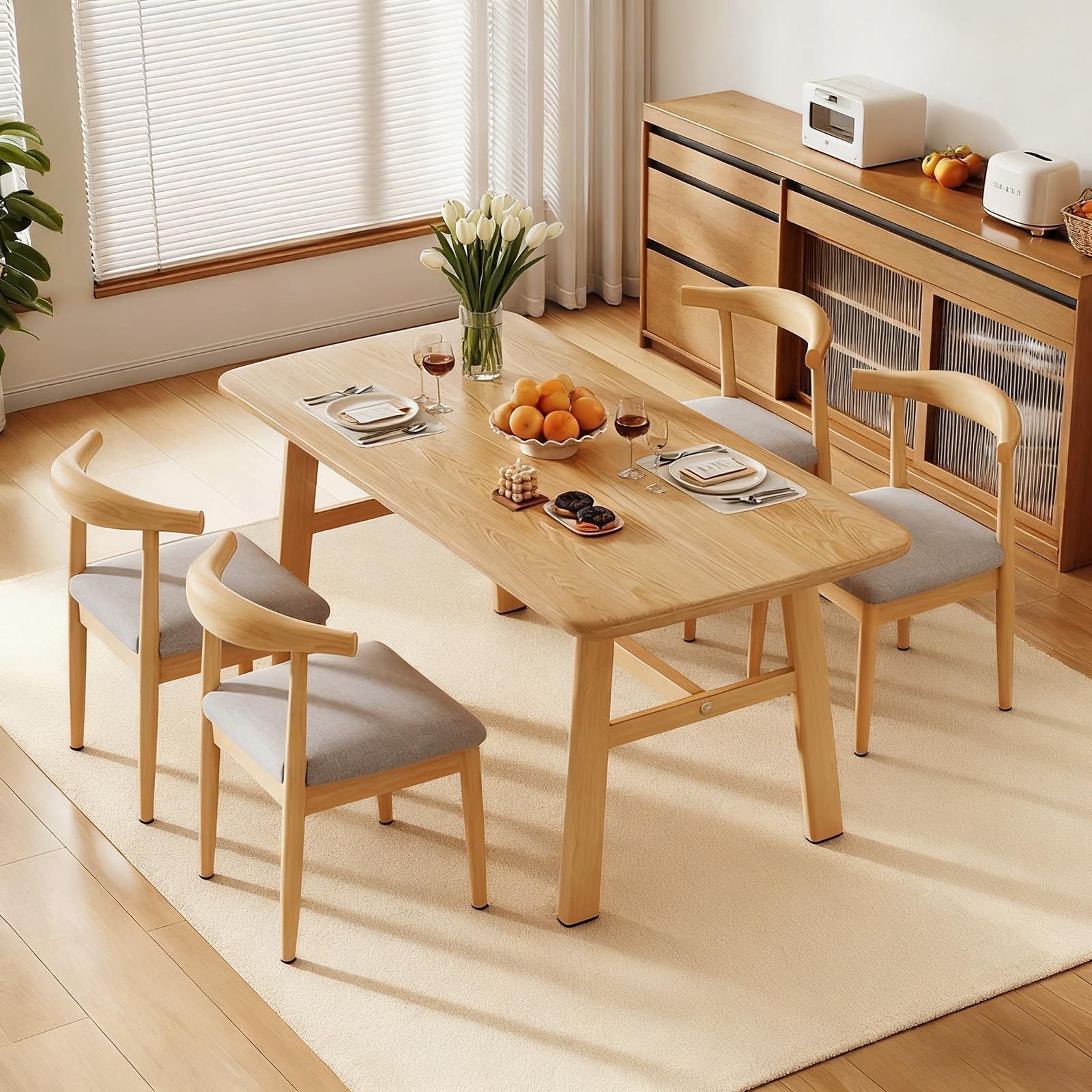 Rakuten - ダイニングテーブルセット ダイニングテーブルセット4人用 5点セット 食卓テーブル チェア4脚 和風 木製天板 カーボンスチール脚 お手入れ簡単 傷 汚れに強い 耐久性 簡単組立 ホームキッチン