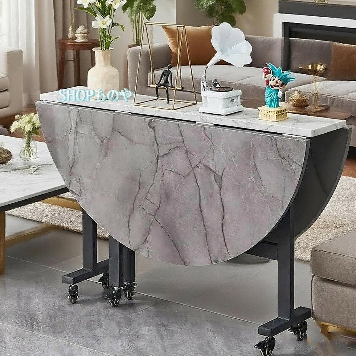 折畳みテーブル 丸 ダイニングテーブル コンパクト 折りたたみ 大理石調 コンパクト キャスター付き 折..