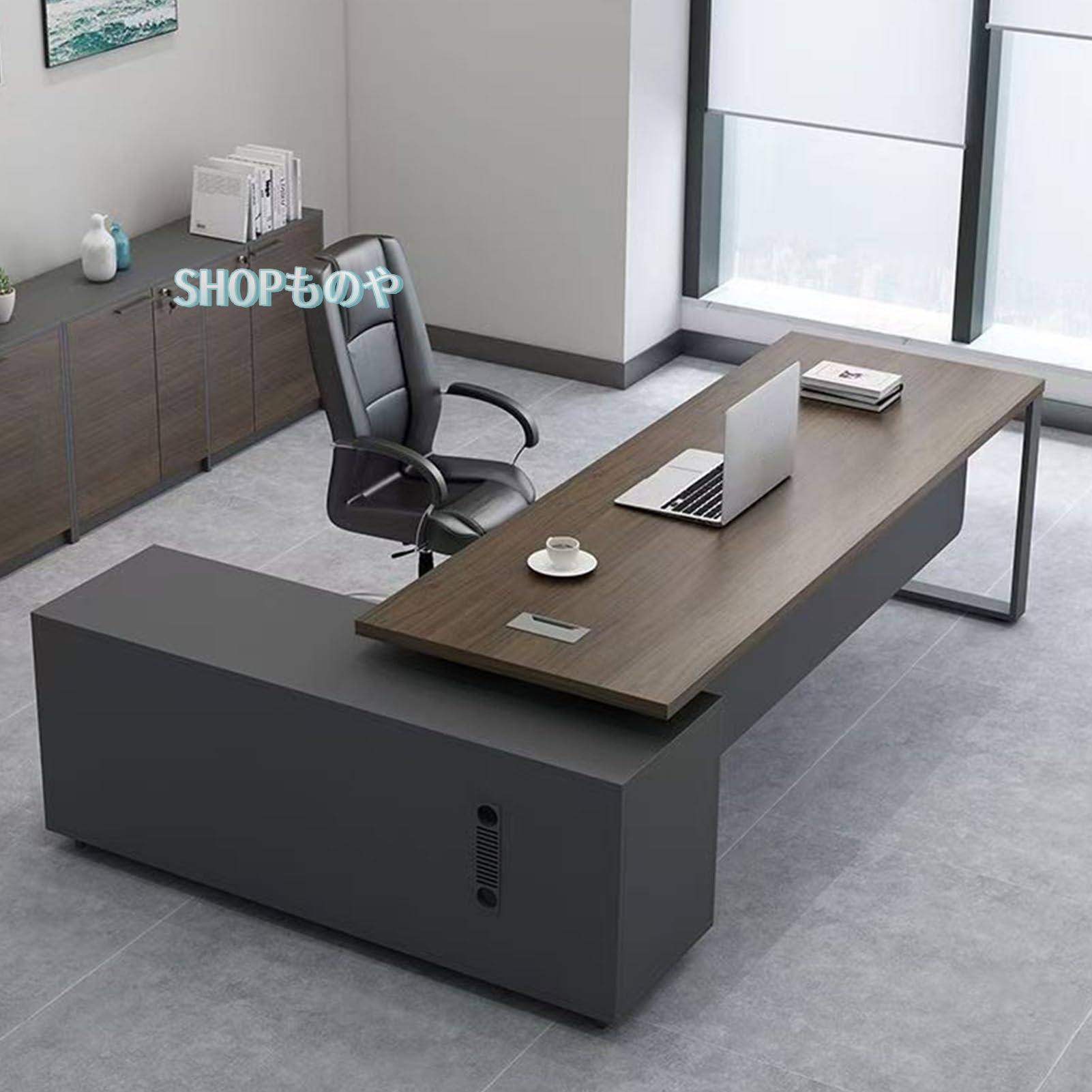 社長デスク 法人様向け L型 オフィス エグゼクティブデスク サイドロッカー 役員用デスク オフィスデスク 長さ180cm 幅80cm 木製 収納 おしゃれ 会議用テーブル 会議室 企業 机 pcデスク 配線ボックス付き プライバシーバッフル ロック可能な引き出し