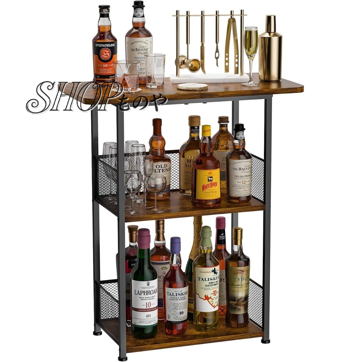 ウイスキー棚 ワインラック 3段 自立式 フロアスタンディング|酒棚ディスプレイでボトルやカクテルシェ..
