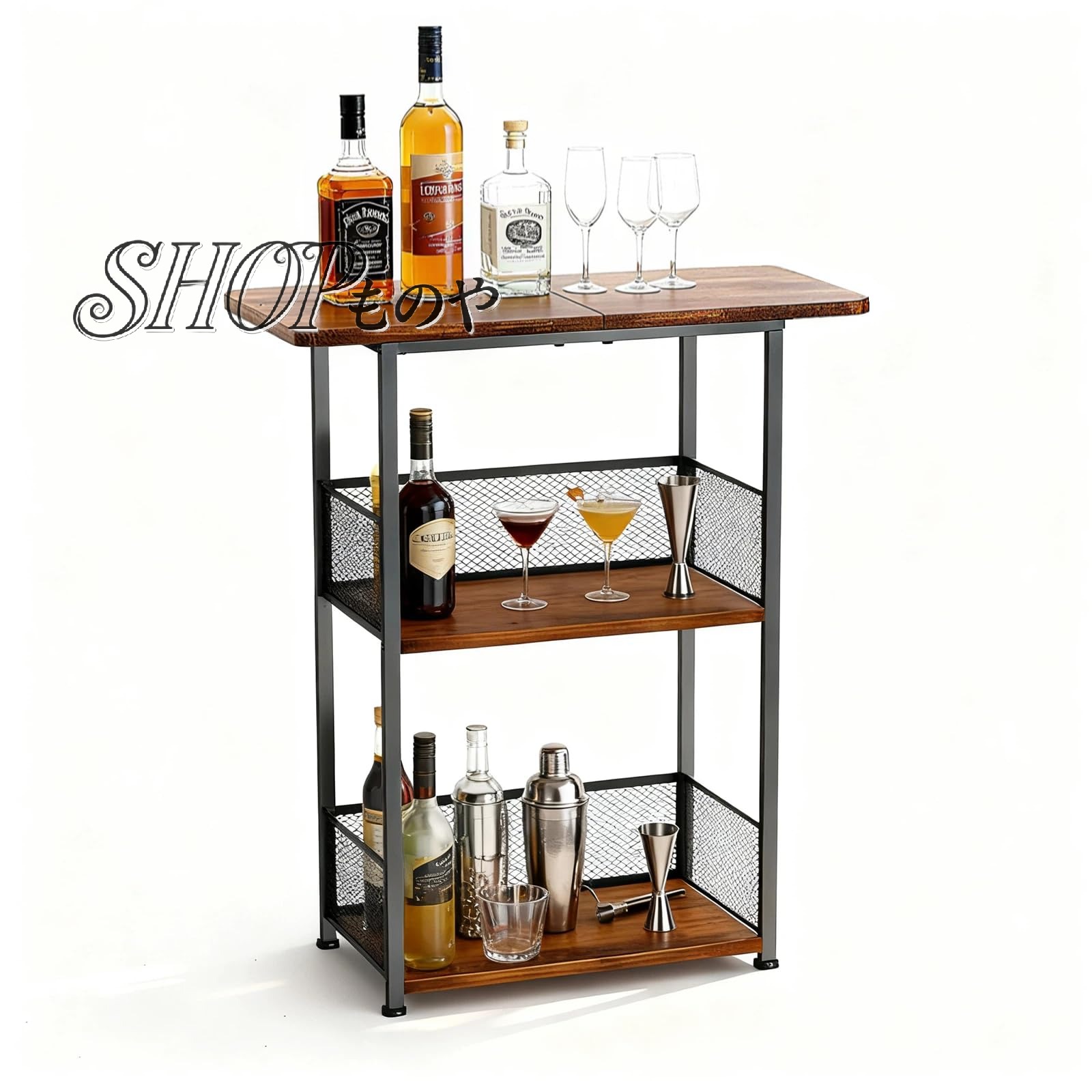 ウイスキー 棚 ワイングラスホルダー フロアスタンド 3段酒棚 ボトル＆グラス展示ラック 収納棚 ボトル..