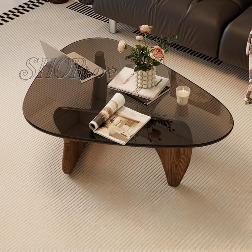 特殊な形状の三角 、ローテーブル、ダイニング 強化ガラス天板、水滴型、リビングリビング、無垢材、ガラス掃除が簡単 強くて頑丈リビングルーム 寝室 に最適 組み立て簡単