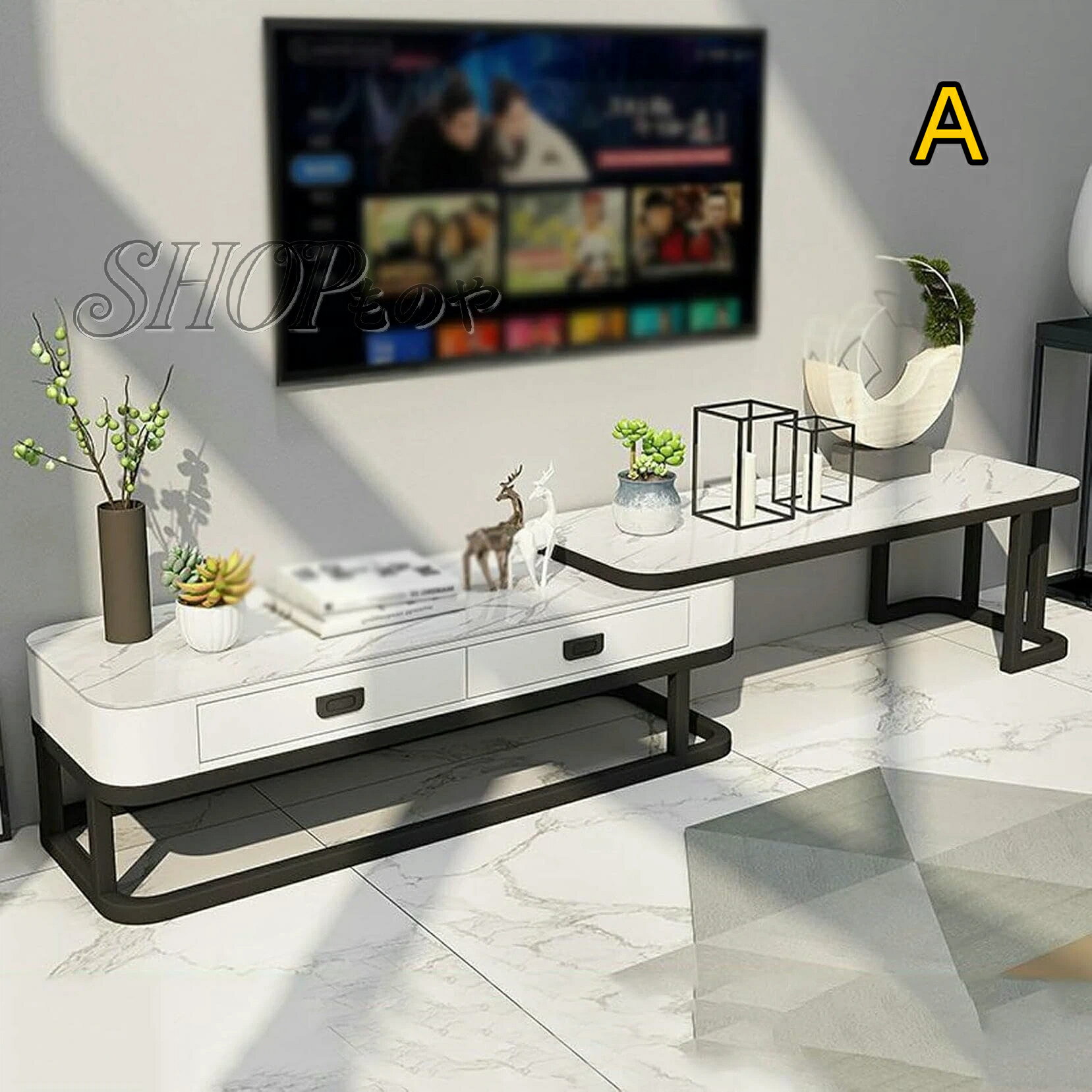 Rakuten - 引き出しと金属フレームを備えたモダンな拡張可能なテレビスタンドテレビコンソール、調整可能な伸縮式メディアゲームエンターテインメントセンターのための寝室