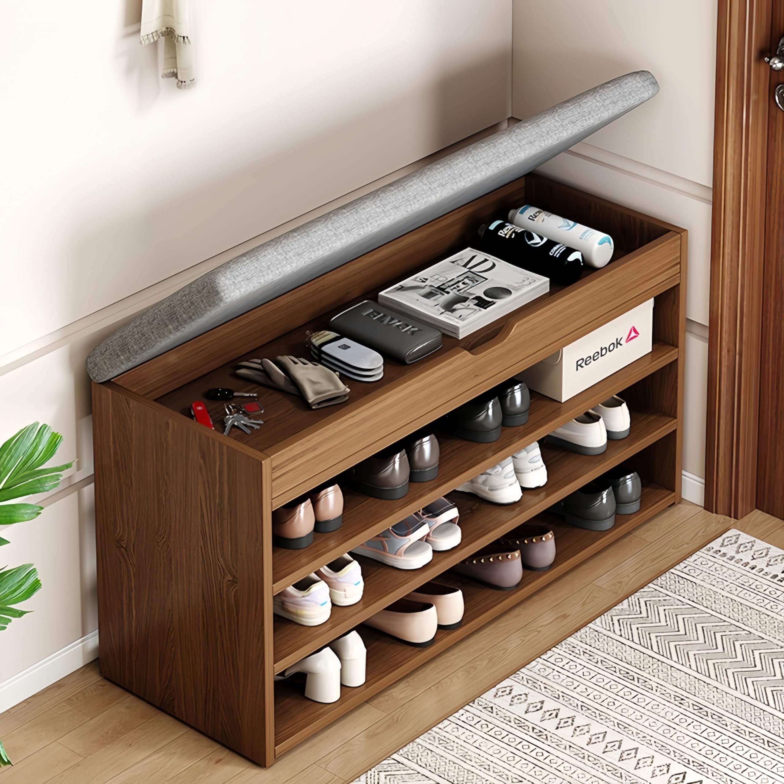 Rakuten - 玄関ベンチ シューズラック 木製 収納ベンチ 下駄箱 小物収納付き クッション付き 靴箱 収納 玄関腰掛け スリム 省スペース コンパクト 組み立て簡単