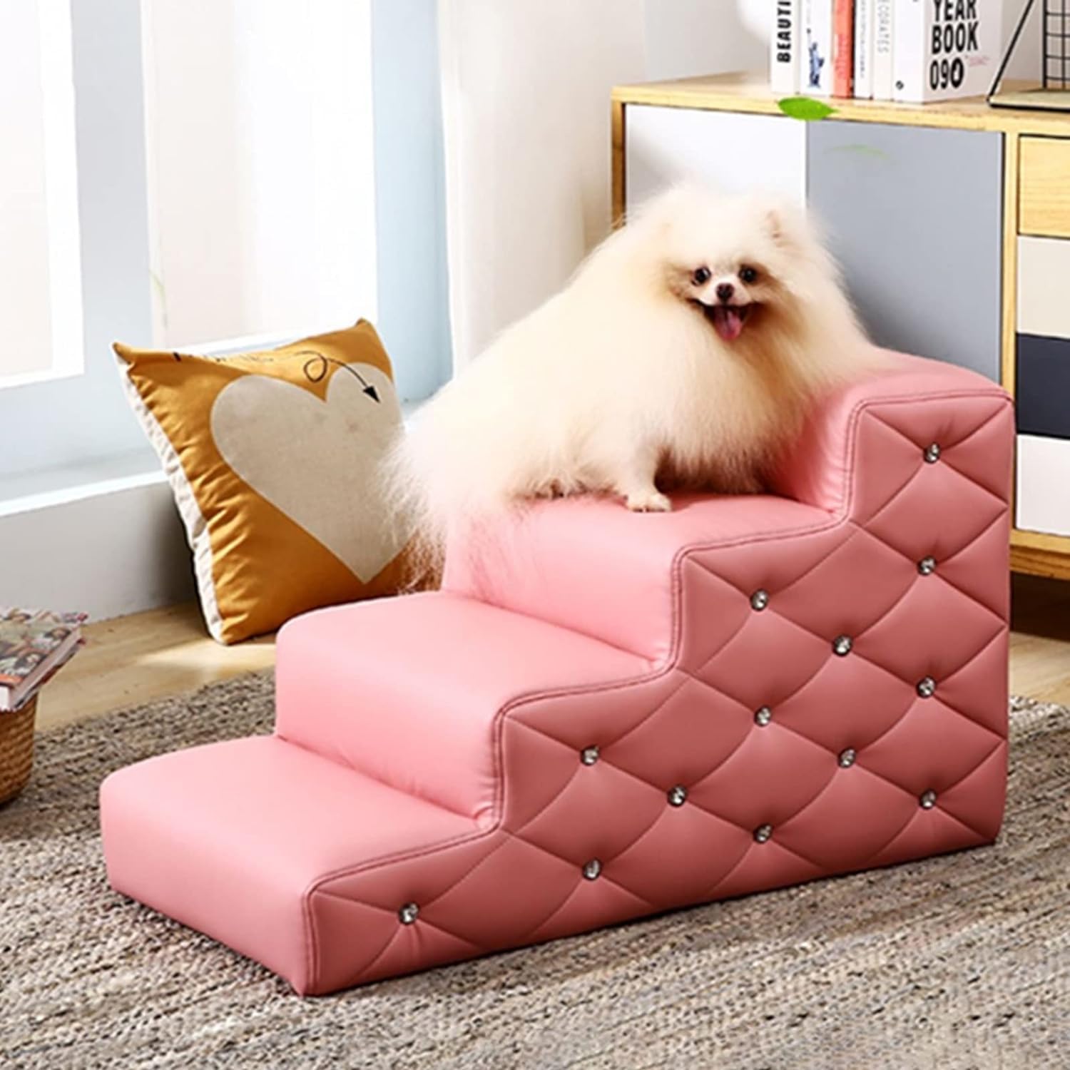 ペットステップ 犬 踏み台 ハイベッド、ソファ、ケージ用アニマルランプ、 大型犬用防水レザーペット階段、 ワイドドッグステップラダー, ブラック/ホワイト/グレー/ピンク