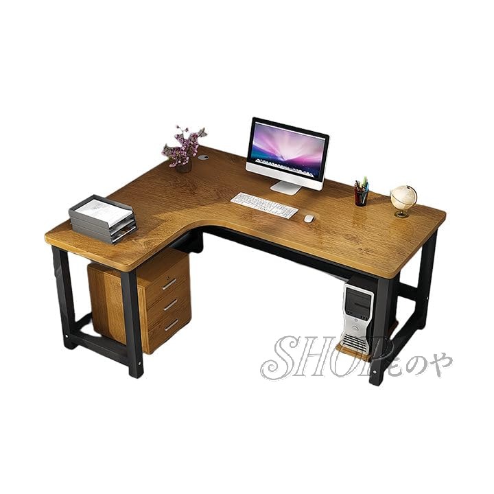 L字型デスク オフィスデスク ワークデスク 事務机 パソコンデスク 勉強用 作業用 在宅用 木目調 配線穴 スチールフレーム サイドキャビネット付き R加工 厚手 耐荷重 安定性 シンプル モダン ホワイト オークグレー
